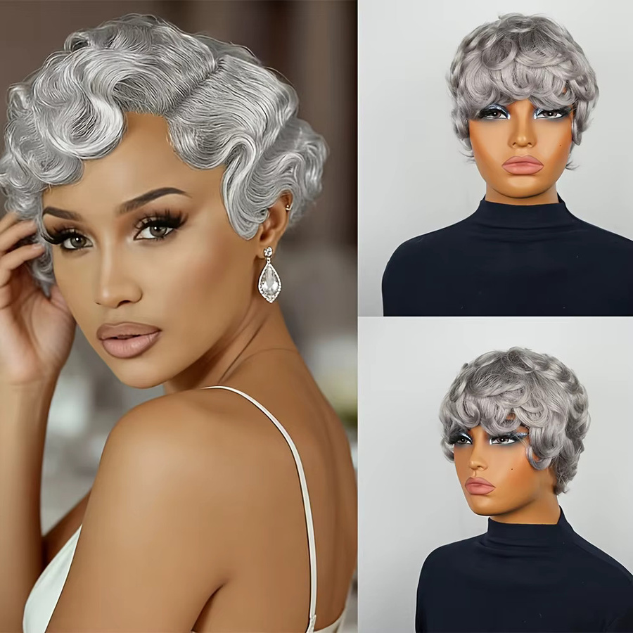 OYM HAIR Pixie-Schnitt-Perücke, 100 % Echthaar, grau, Damen - Bild 2