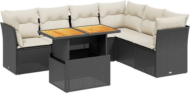 vidaXL 7-teilige Garten-Sofagarnitur in L-Form aus Poly-Rattan und Akazienholz mit Kissen, Schwarz-Creme - Bild 1