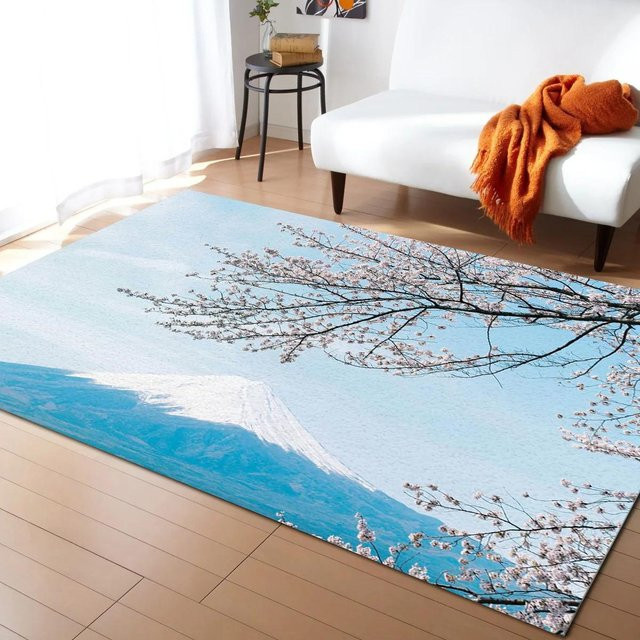 Karpetti Japanischer Sakura Kirschblüten Teppich mit floralem Design in Blau, rutschfest, B/T: 60 x 180 cm - Bild 1