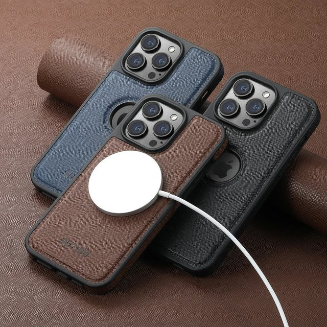 EUCAGR Luxus PU Leder Flip Case für iPhone 15 16 Pro Max 14 Plus 13 12 Pro mit MagSafe Magnet für kabelloses Laden in Blau und Braun - Bild 1
