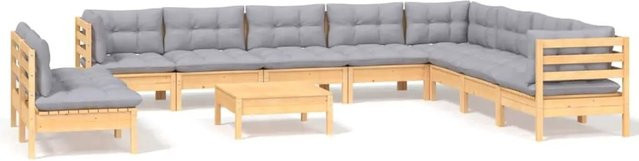 vidaXL 11-tlg. Garten-Lounge-Set aus massivem Kiefernholz mit grauen Polstern in Braun-Grau - Bild 1