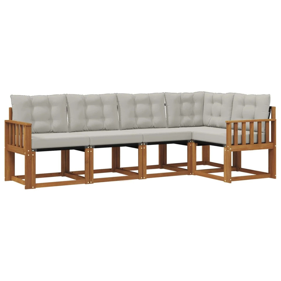 vidaXL Outdoor-Sofagarnitur 5-tlg. in L-Form aus Akazienholz und Textilene mit Kissen, Natur und Hellgrau - Bild 2