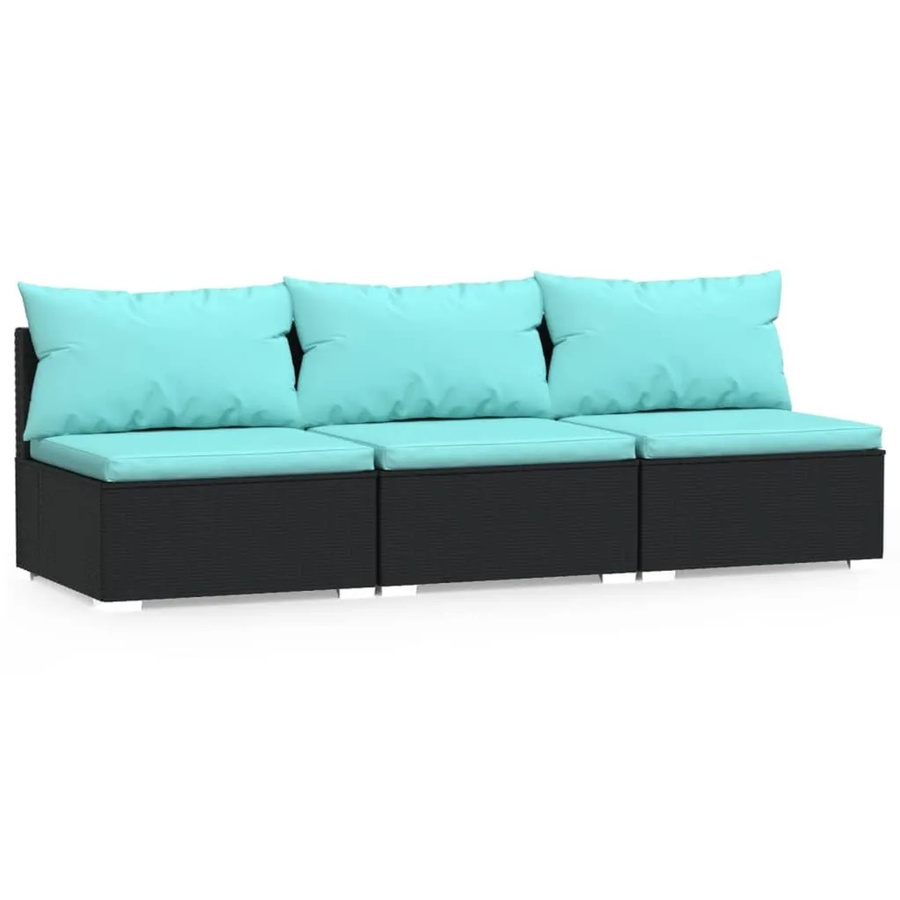vidaXL 3-Sitzer-Sofa aus Poly-Rattan in Schwarz mit blauen Auflagen und Metallgestell für Garten und Terrasse - Bild 2