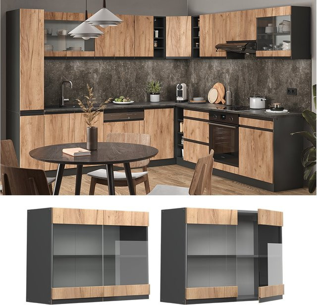 Vicco Glashängeschrank R-Line J-Shape Küchenschrank in Anthrazit und Eiche mit Breite: 80 cm - Bild 1
