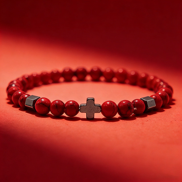 Armband Herren, roter Howlith, Malachit, Tigeraugen, Perlenstrang, 6 mm - Bild 1
