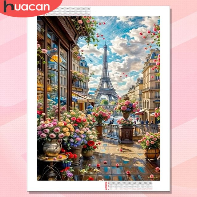 HUACAN Diamantmalerei Turm-Landschaft mit Stadtstraße und Blumenbild, 5D Mosaik-Kunst aus Kunstharz, rund, Multicolour, B: 30,0 cm, H: 20,0 cm - Bild 1