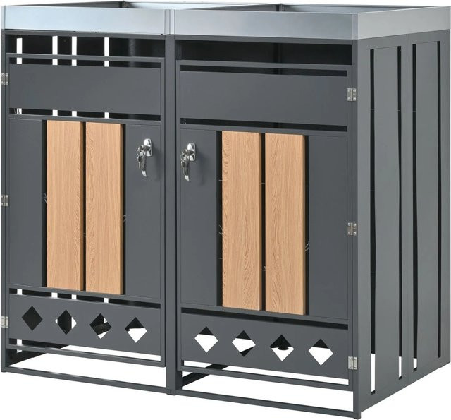 PXloue Mülltonnenbox mit Pflanzkasten und 2 Fächern, Grau, aus verzinktem Metall, abschließbar - Bild 1