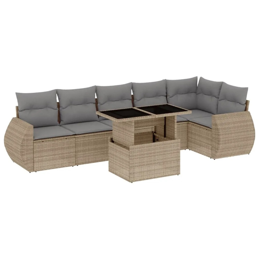 vidaXL 7-teilige Garten-Sofagarnitur in L-Form aus Poly-Rattan mit Kissen in Beige-grau - Bild 2