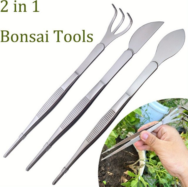 2-in-1 Wurzelrechen aus Edelstahl mit Bonsai-Pinzette und ergonomischem Griff in Silber für Sukkulenten und Gartenarbeit - Bild 1