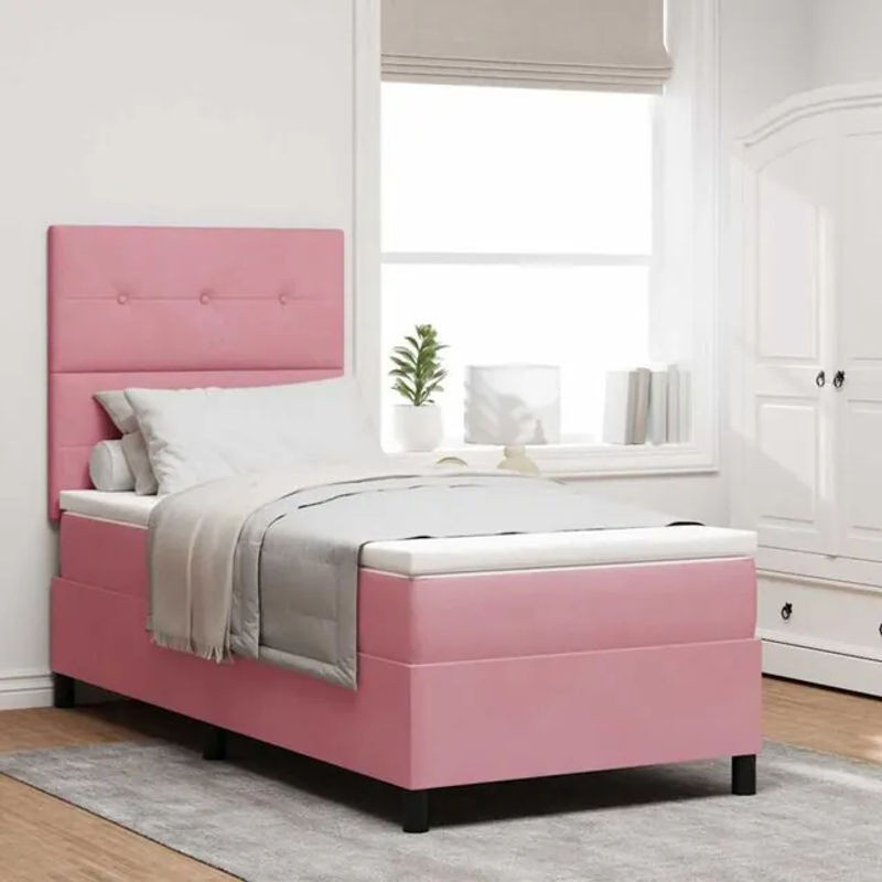 vidaXL Boxspringbett mit Matratze und Kopfteil in Rosa, modern und minimalistisch, Samt und Holzwerkstoff, B/T/H: 100 x 200 x 128 cm - Bild 1