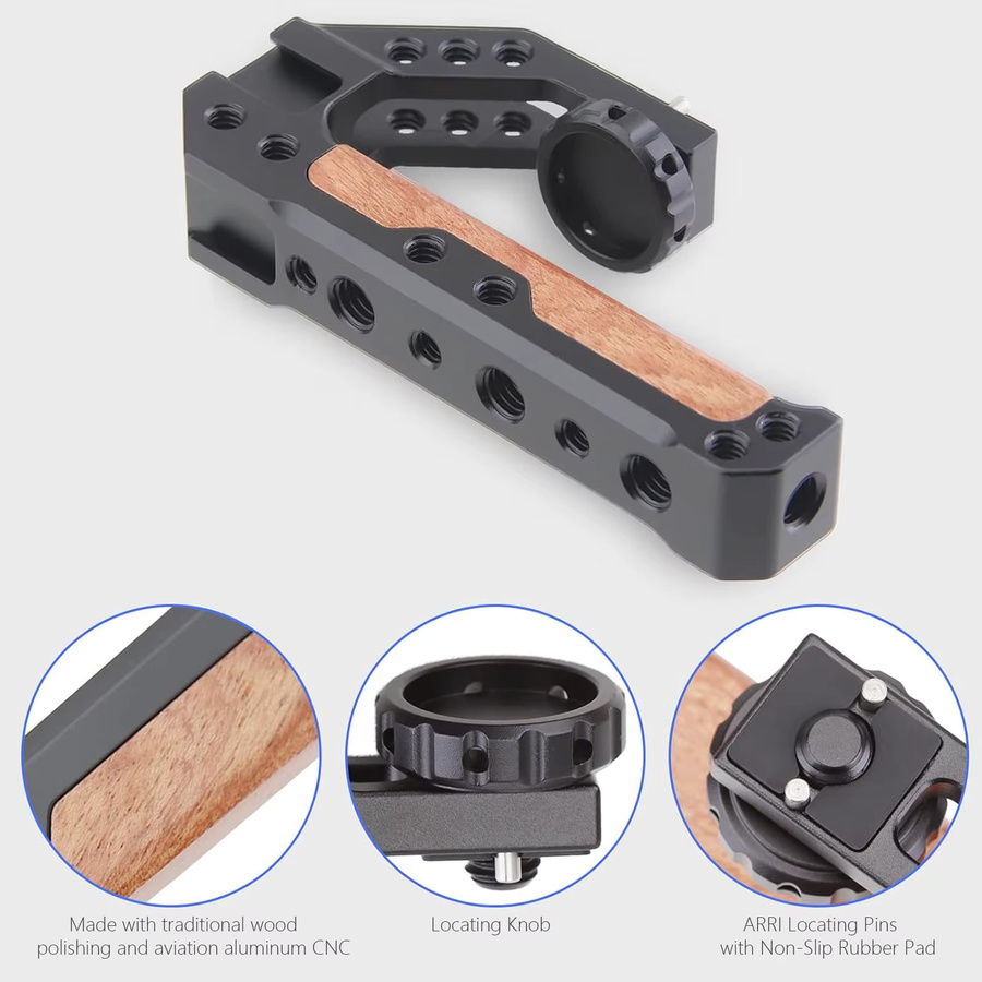 Probty Holzgriff für DSLR-Kamera in Braun mit 1/4" und 3/8" Gewindebohrungen und Positionierstiften für ARRI-Kamerakäfige - Bild 3