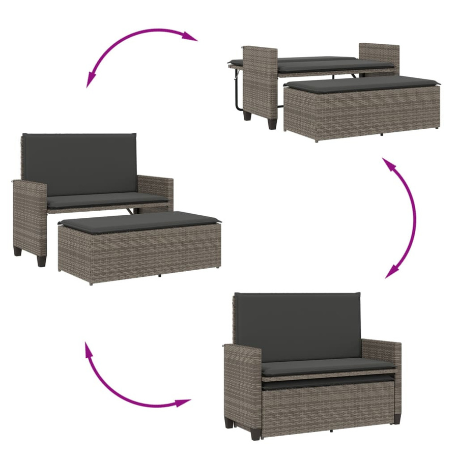 vidaXL Gartenbank aus Polyrattan mit Kissen und Hocker, Grau, B/T/H: 122 x 115 x 97 cm - Bild 5