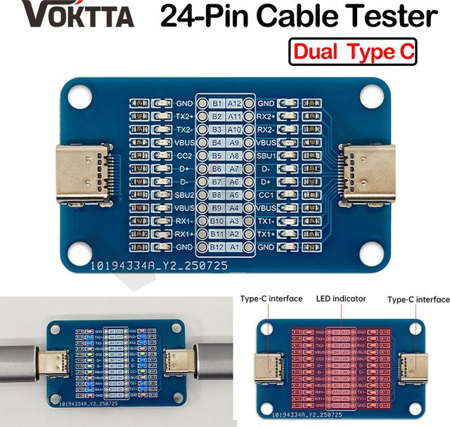 Voktta 24-poliger Typ-C-Kabeltester mit Doppelkopf-LED-Anzeige in Blau zur Erkennung von Schnellladekabeln - Bild 1