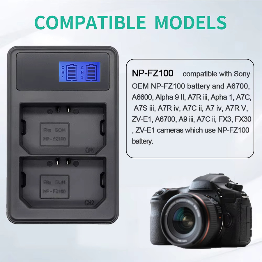 Tellyee Akkuladegerät für NP-FZ100 Akkus in Schwarz, kompatibel mit Sony A7 III, A7 IV, FX3, FX30, A9 II, A7R V, ZV-E1 und A6700 - Bild 4