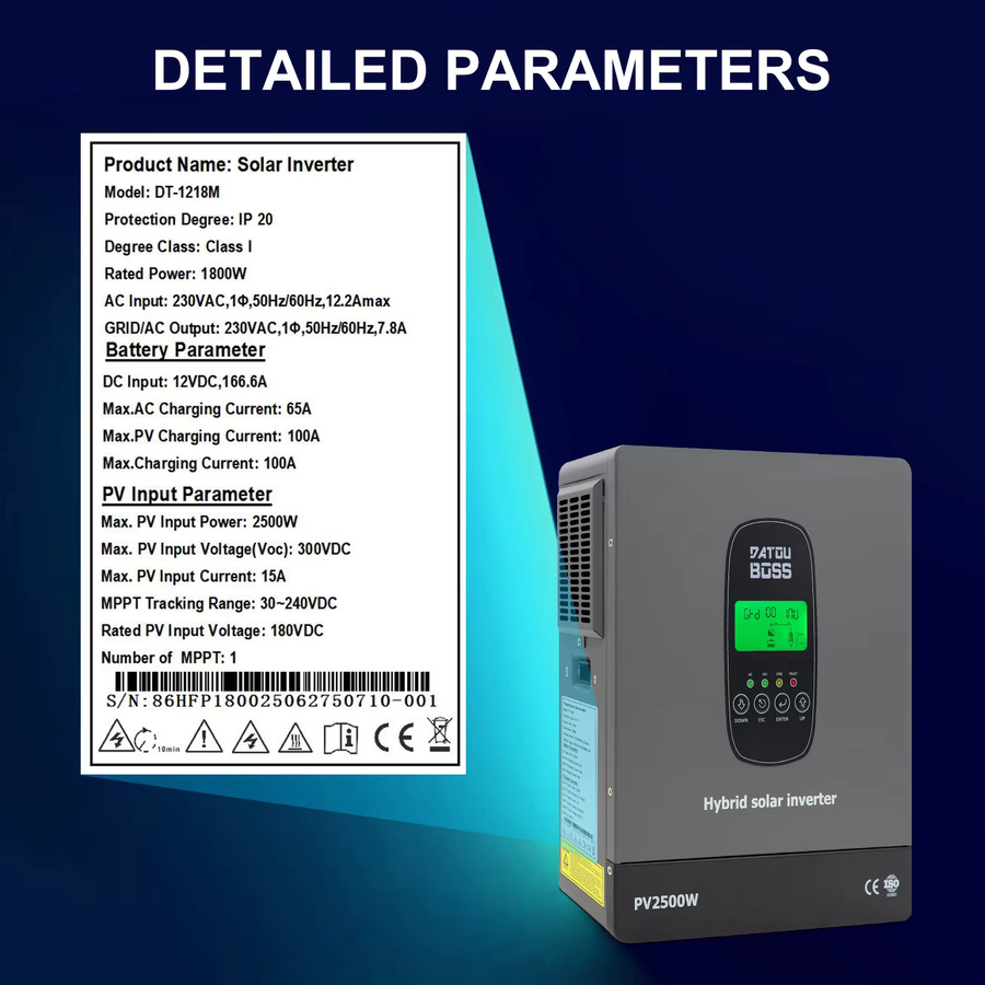 DATOUBOSS 12V 1800W Solar-Hybrid-Wechselrichter mit integriertem MPPT-Laderegler in Grau für Wohnmobile und netzunabhängige Stromversorgungssysteme - Bild 3