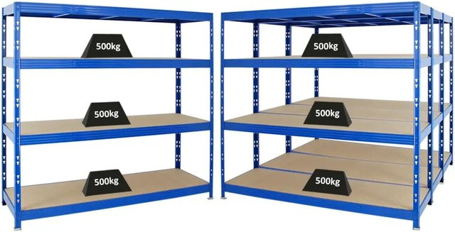 PROREGAL Rhino Profi Schwerlastregal Set aus 4 Einheiten, Blau, H x B x T: 180 x 200 x 60 cm, mit 4 verstellbaren MDF-Holzebenen und 500 kg Fachlast - Bild 1