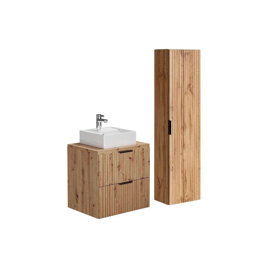 Badmöbel-Set Zevara im Boho-Stil in Naturfarben Hell mit Keramik-Aufsatzwaschbecken und Hochschrank, Breite: 60 cm - Bild 2