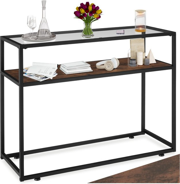 tectake Konsolentisch Industrial Style mit Glasplatte und 2 Ablagen, Farbe Braun/Transparent, B/T/H: 100 x 41 x 80,5 cm - Bild 1