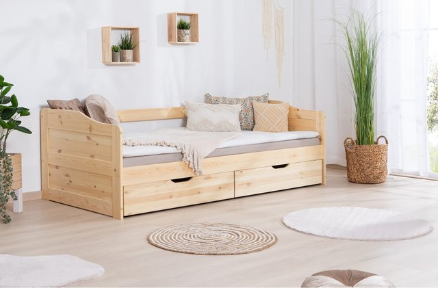 TiCAA Funktionsbett Sofabett Melinda aus massiver Kiefer in Braun mit Schubladen und Stoffbezug, B/T/H: 90 x 200 cm - Bild 1
