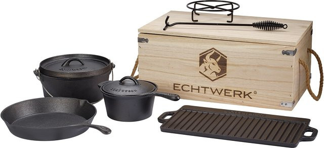 Echtwerk Dutch Oven Set 7-teilig in Schwarz mit Holzkiste für das Kochen am offenen Feuer - Bild 1