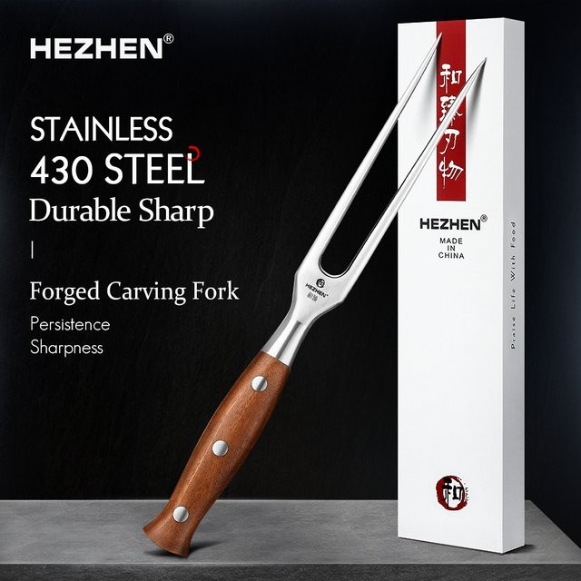 HEZHEN Grillgabel und Grillspieß aus deutschem Edelstahl 1.4116 mit Palisandergriff in Silber - Bild 1