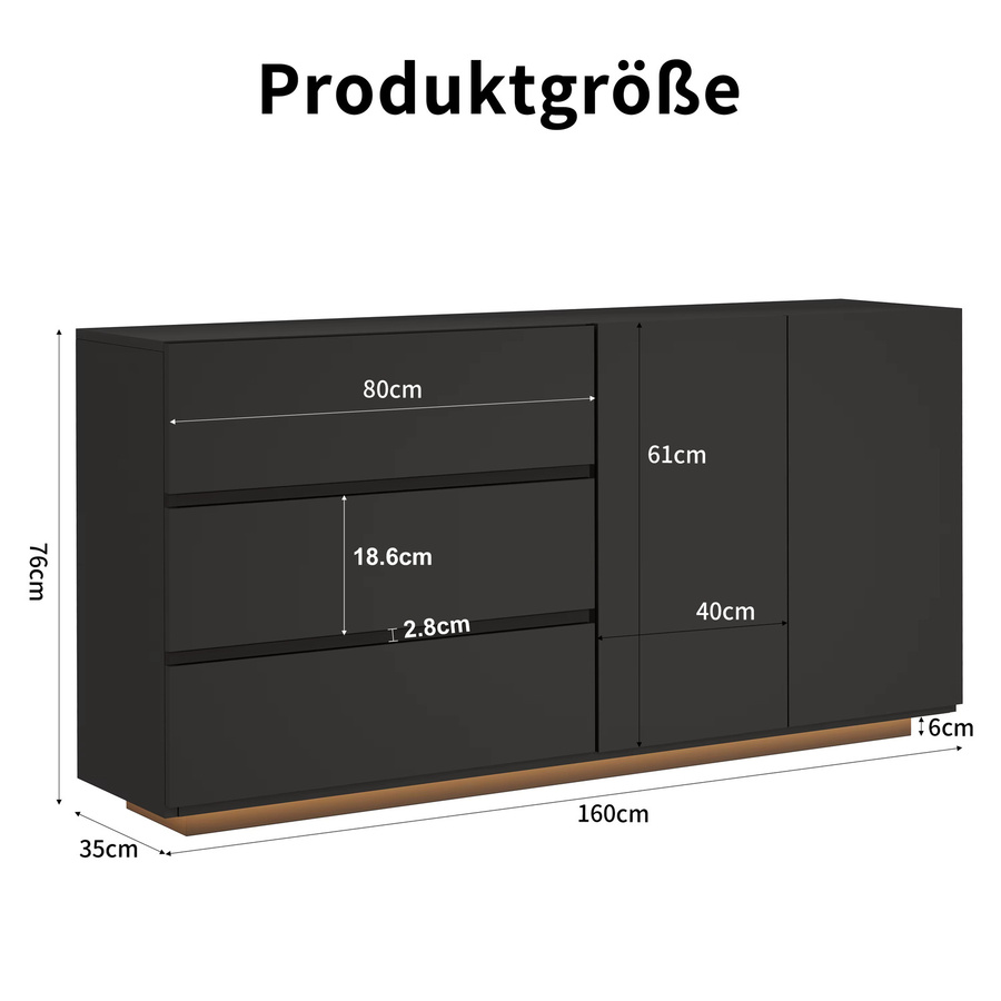 Simurq Moderner Aufbewahrungsschrank in Schwarz mit Hochglanz-Finish, Esszimmer-Sideboard mit 2 Türen und 3 Schubladen, B/H/T: 160 x 76 x 35 cm - Bild 7