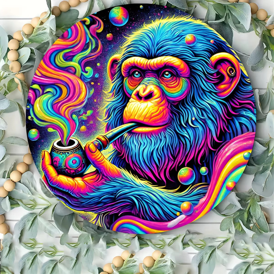Rundes Metallschild Potdemiel mit psychedelischem Affen-Motiv in Mehrfarbig, Wandkunst aus Eisen, Durchmesser: 20,3 cm - Bild 6