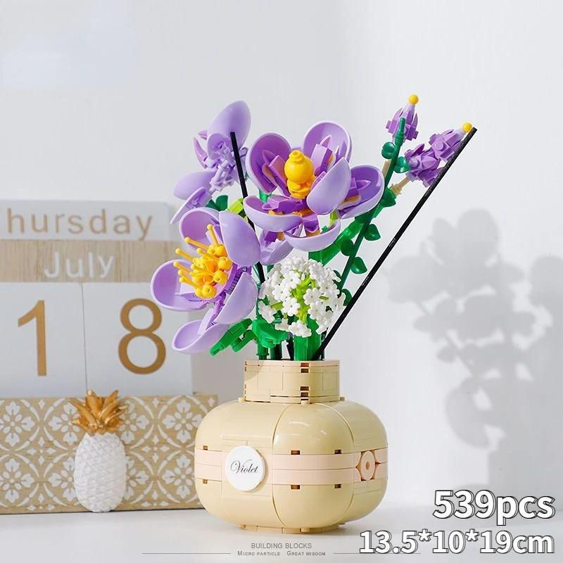 DSD1 Sonnenblumen Blumenstrauß mit Vase aus Kunststoff, lila Dekobauklötze Set für Erwachsene - Bild 1