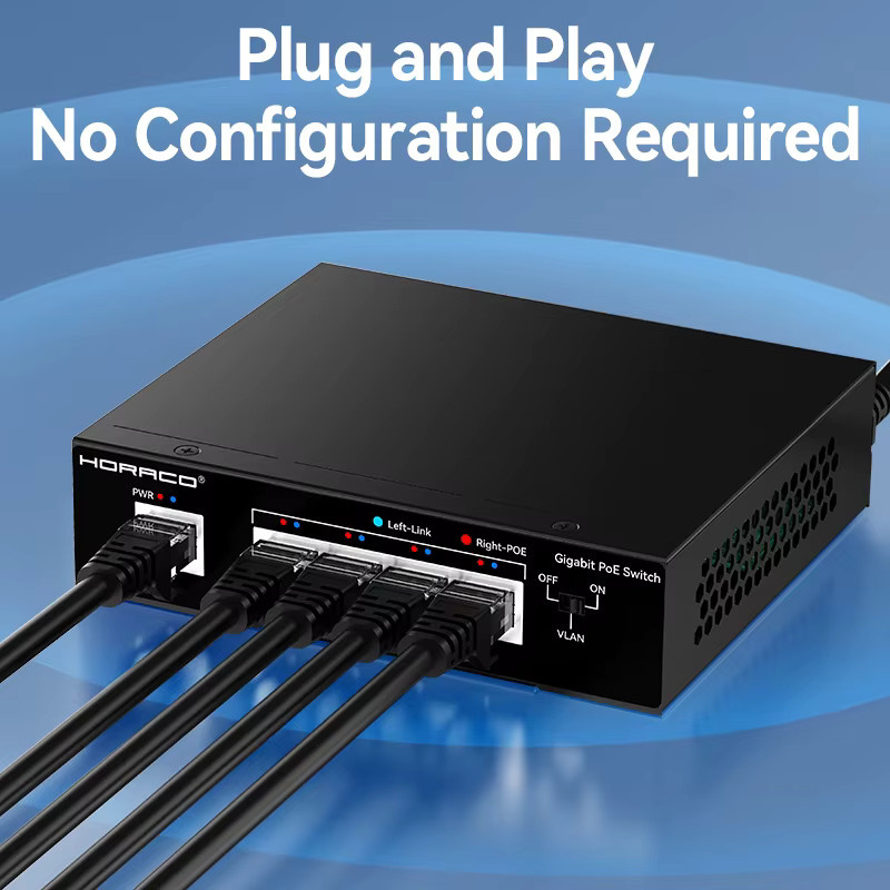 HORACO 5-Port Gigabit PoE Switch 1000Mbps Aktiver Netzwerk-Switch für IP-Kameras und Überwachung, Schwarz - Bild 2