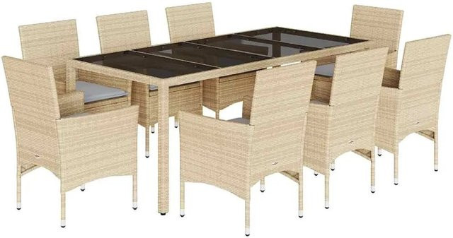 vidaXL 9-teilige Garten-Essgruppe aus PE-Rattan mit Glasplatte und Kissen in Beige-grau - Bild 1