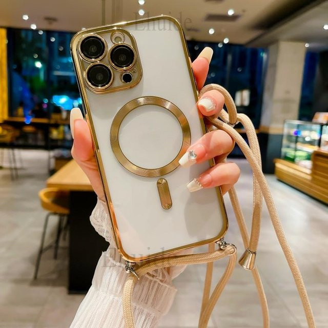 Magnetische iPhone Hülle mit MagSafe-Technologie, Tragegurt und Nackenschutz, Schwarz, Transparent - Bild 1