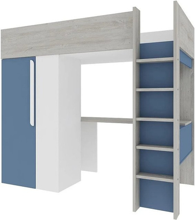 Vente-unique Hochbett Nicolas für Kinder in Blau und Weiß mit Schreibtisch und Kleiderschrank, Höhe: 205,2 cm, Breite: 90 cm, Tiefe: 200 cm
