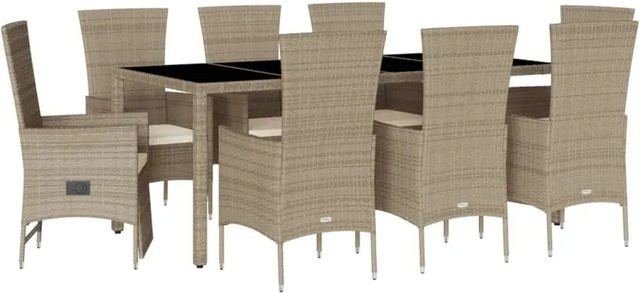 vidaXL 9-teilige Garten-Essgruppe aus Poly Rattan in Beige mit Kissen und Hartglastisch - Bild 1