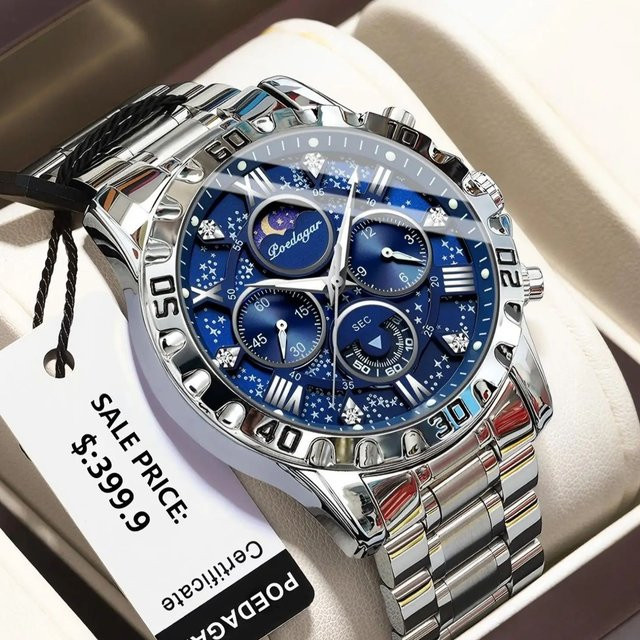 POEDAGAR Chronograph Armbanduhr, Quarz, Edelstahl, Gold Blue, Herren - Bild 1