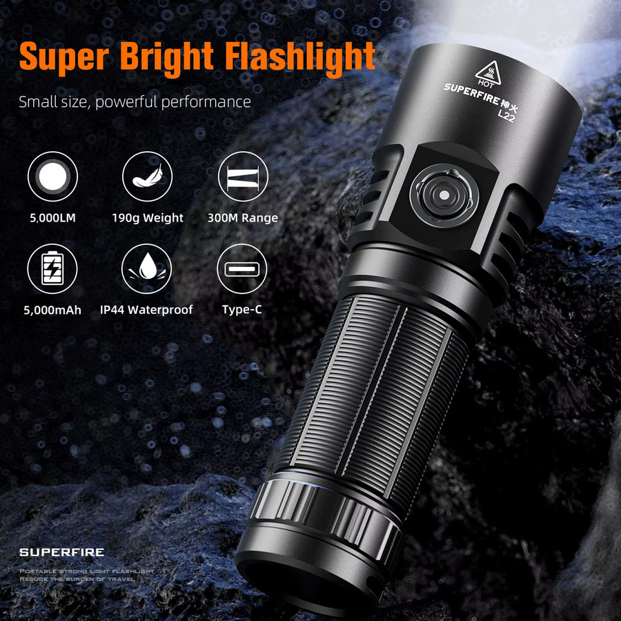SUPERFIRE L22 Wiederaufladbare LED Taschenlampe mit 3 LEDs, 60 W, 5000 Lumen, Schwarz - Bild 2