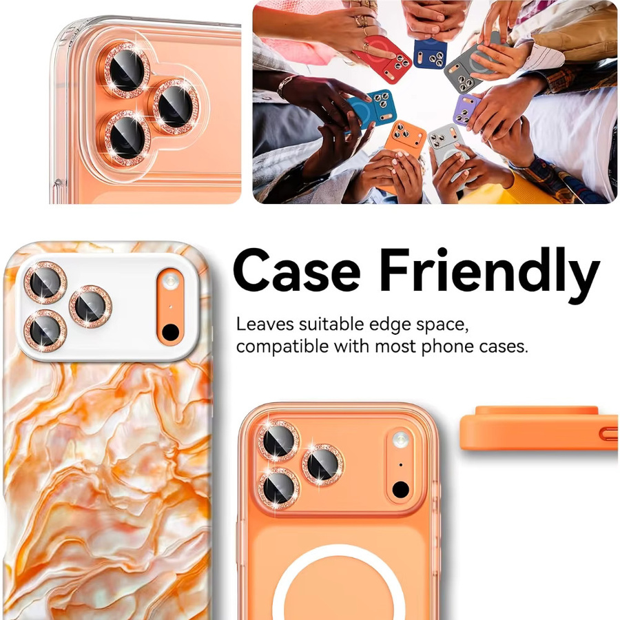 NNBILI 3er-Set für iPhone 17 16 15 14 13 Pro Max mit Glitzer Metall Bling-Ring-Cover und 9H kratzfestem Panzerglas in Orange - Bild 5