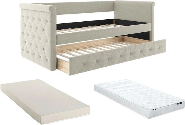 Vente-unique Sofabett Louise in Beige mit gestepptem Stoff und Schlaffunktion, Breite: 219 cm - Bild 1