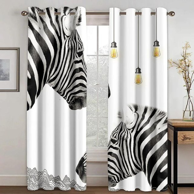 Zebra-Muster Vorhangset mit 3D-Digitaldruck in Schwarz-Weiß und Lichtgrau, 2 Paneele aus Polyester, Breite: 50 cm, Höhe: 160 cm - Bild 1