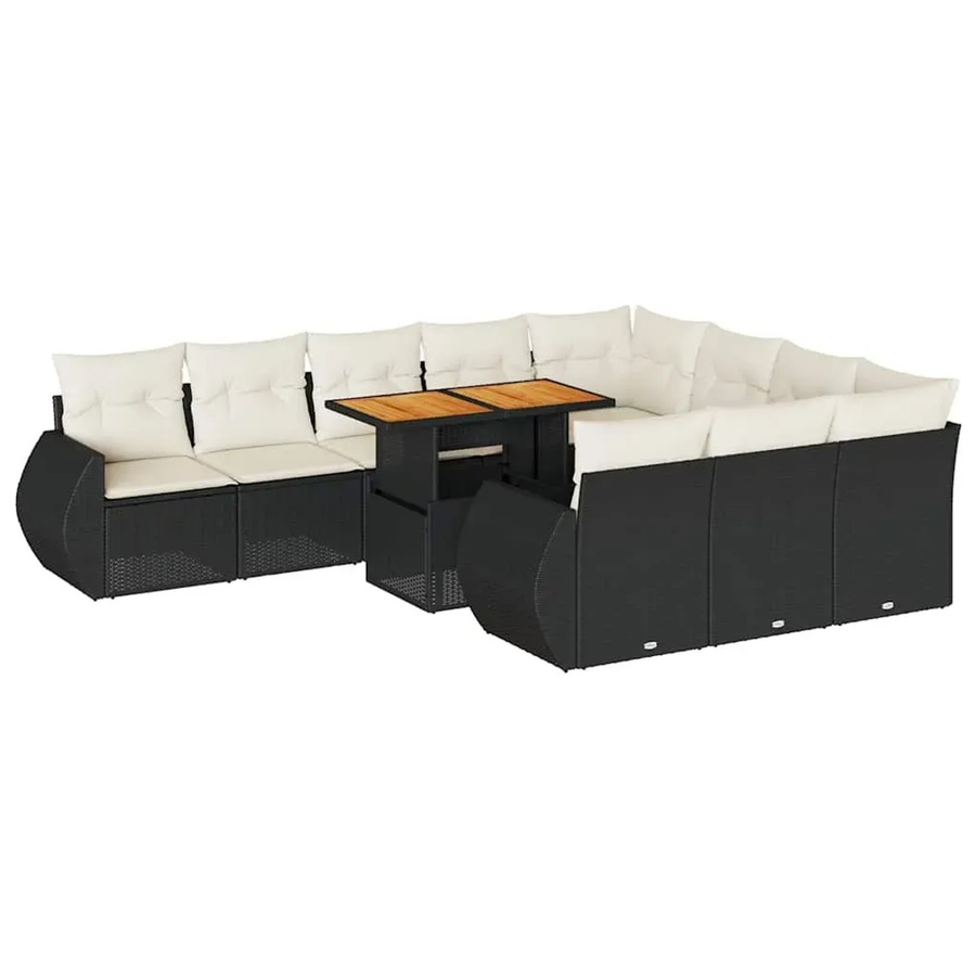 vidaXL 11-tlg. Garten-Sofagarnitur in L-Form aus Polyrattan und Akazienholz mit Kissen in Schwarz-Creme - Bild 2