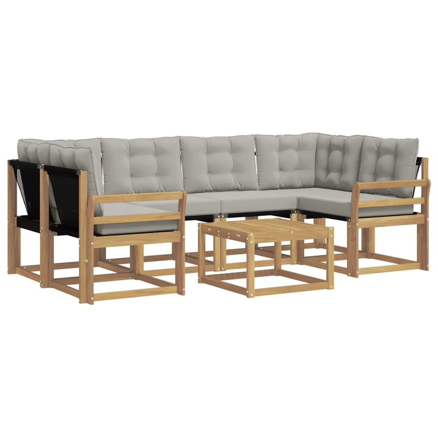 vidaXL Outdoor-Sofagarnitur 7-teilig in L-Form aus Akazienholz mit Textilene-Bezug und Kissen, Weiß-Hellgrau - Bild 2