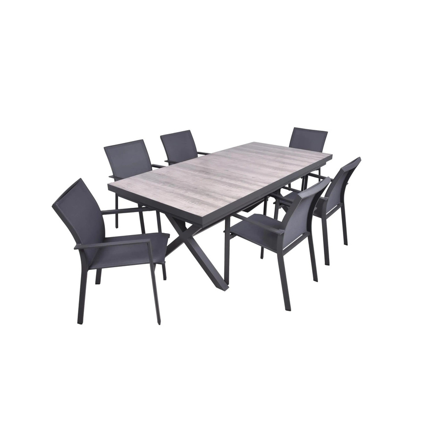 DELUKE Garten-Sitzgruppe JANA 7-teiliges Gartenmöbel-Set aus Aluminium und Keramik in Eiche-Optik Grau mit Esstisch und Stapelstühlen - Bild 2