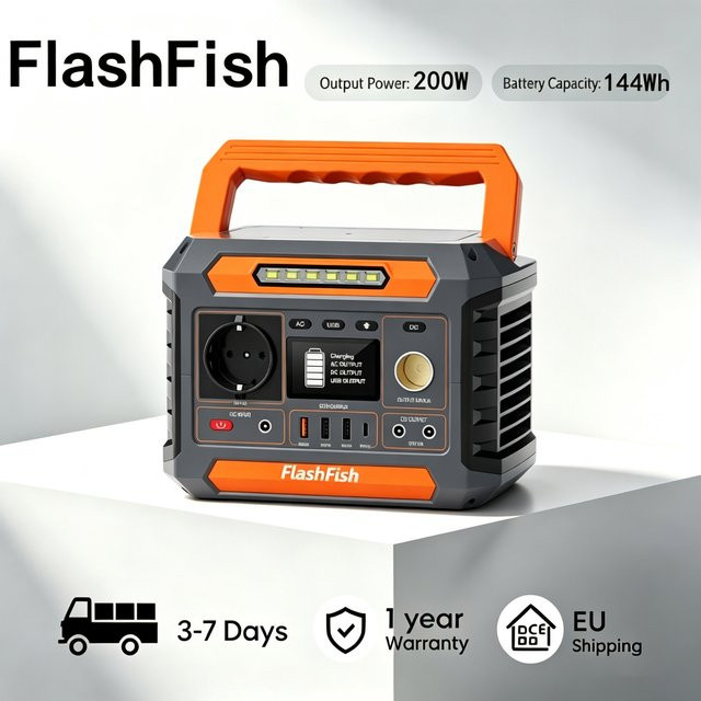 Flashfish P66A Tragbare Powerstation mit 144,3Wh Lithium-Ionen-Akku, 200W AC Spitzenleistung 300W, Solargenerator mit QC3.0 Typ-C und LED-Handlampe für Outdoor, RV und Reise - Bild 1