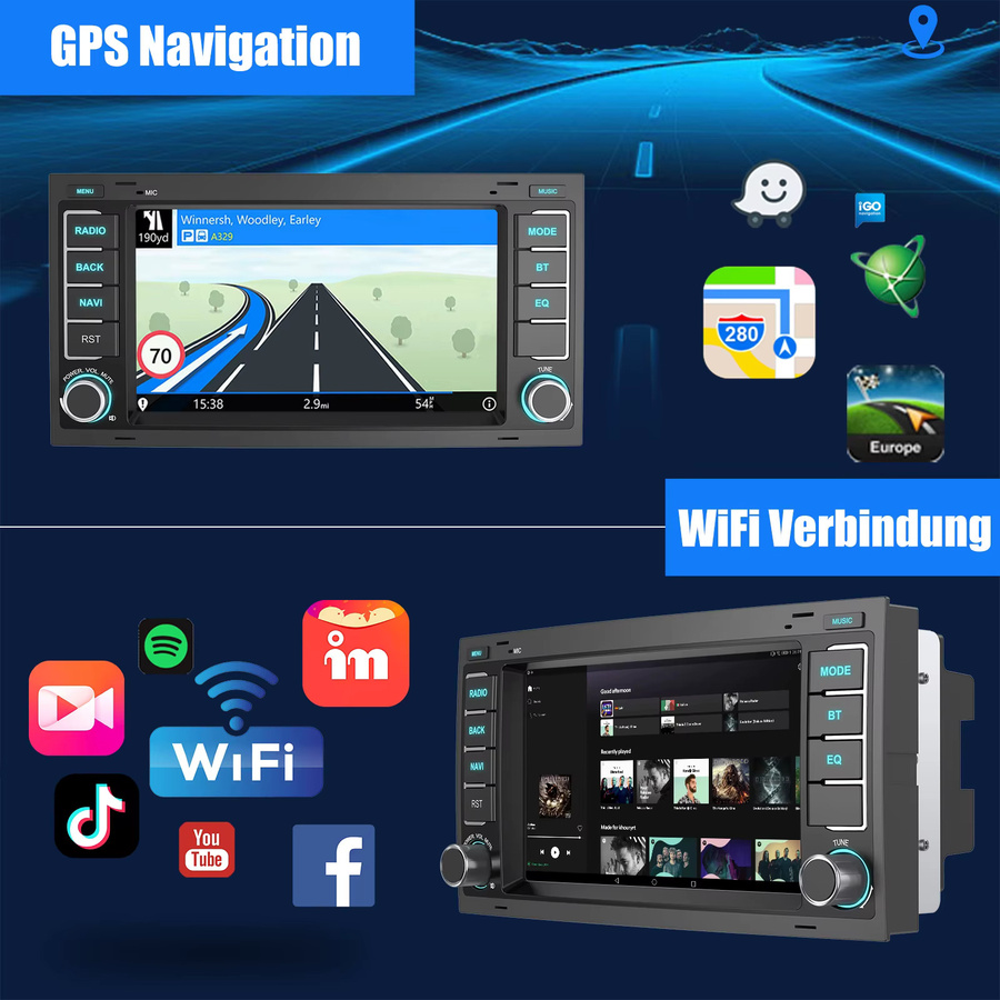 ESSGOO 7 Zoll HD Touchscreen Autoradio Multimedia Video Player mit CarPlay und Android 13 für VW Touareg Transporter T5 Multivan 2003-2015, Schwarz, 64G, GPS und WIFI - Bild 2