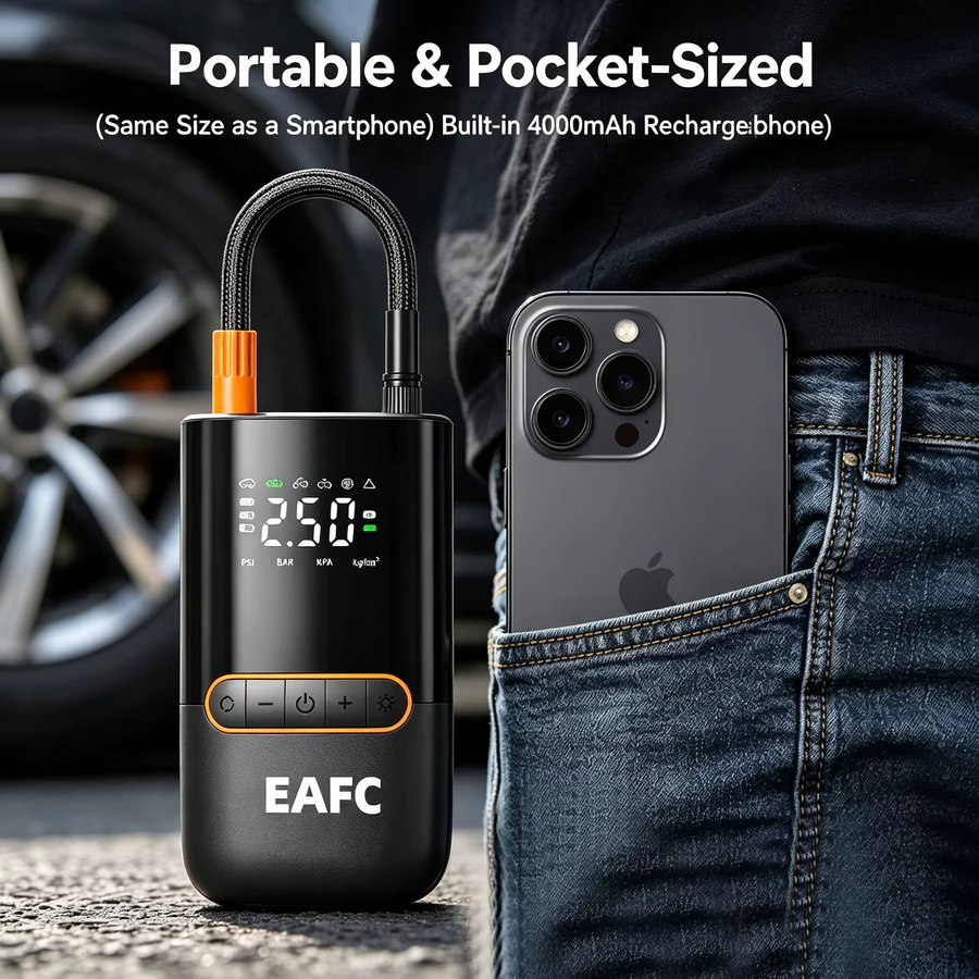 EAFC Digitaler Luftkompressor Schwarz: Tragbare Kabellose Luftpumpe als Reifenfüller für Motorräder, Fahrräder und Bälle mit Powerbank-Funktion und Notlicht - Bild 6