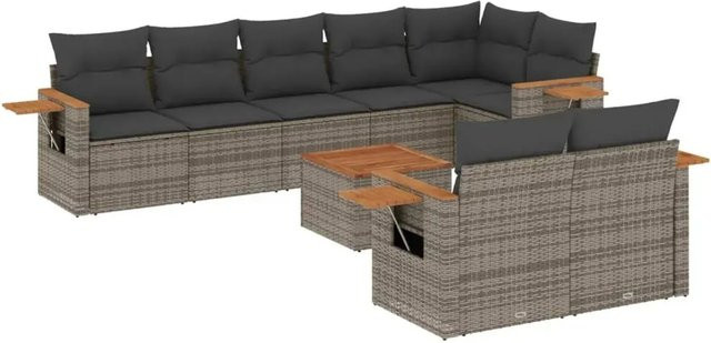vidaXL 9-teilige Garten-Sofagarnitur aus Poly-Rattan und Akazienholz in Grau mit Kissen - Bild 1