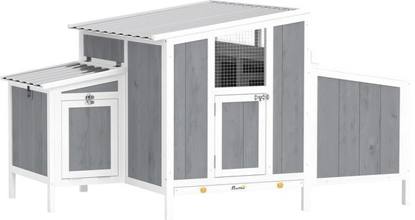 PawHut Hühnerstall aus Holz in Grau mit Freilaufgehege, Nistkasten und wetterfestem PET-Dach für 3-4 Hühner, B/T/H: 145 x 90 x 92 cm