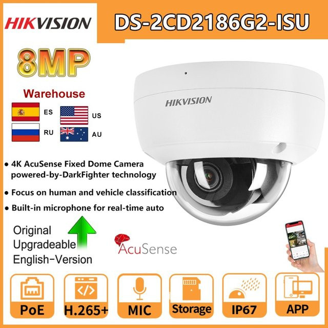 Hikvision IP-Dome-Kamera DS-2CD2186G2-ISU 8MP 4K mit AcuSense Darkfighter, eingebautem Mikrofon und Alarm, Farbe: Weiß - Bild 1