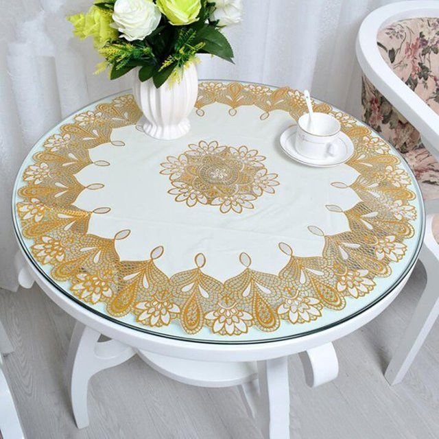 Beeinch Runde Tischdecke aus PVC wasserdicht und ölbeständig in Weiß und Gold, Durchmesser: 70 cm - Bild 1