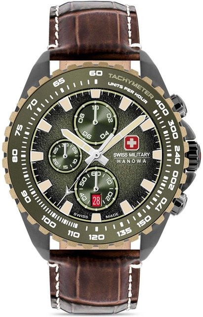 Swiss Military Hanowa Chronograph, Edelstahl, Leder, Grün, 45 mm, Herren - Bild 1