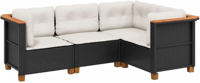 vidaXL 4-tlg Garten-Sofagarnitur in L-Form aus Polyrattan und Akazienholz mit Kissen, Schwarz - Bild 1